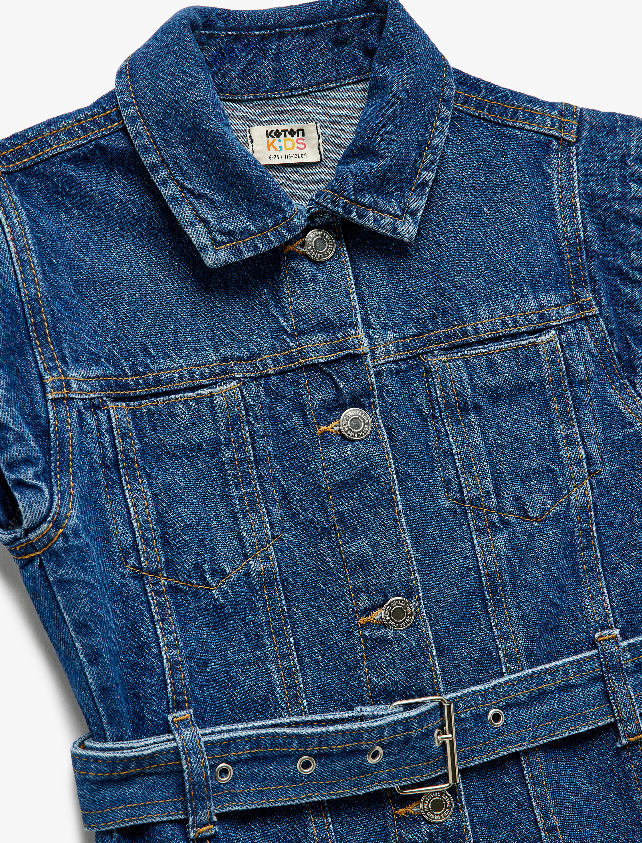  Kız Çocuk Pamuklu Kemer Detaylı Düğmeli Cepli Denim Elbise