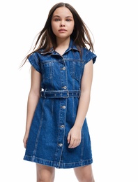 Pamuklu Kemer Detaylı Düğmeli Cepli Denim Elbise