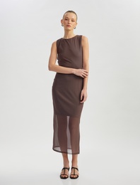 Yarım Astarlı Slim Fit Bisiklet Yaka Kolsuz Tül Midi Boy Elbise