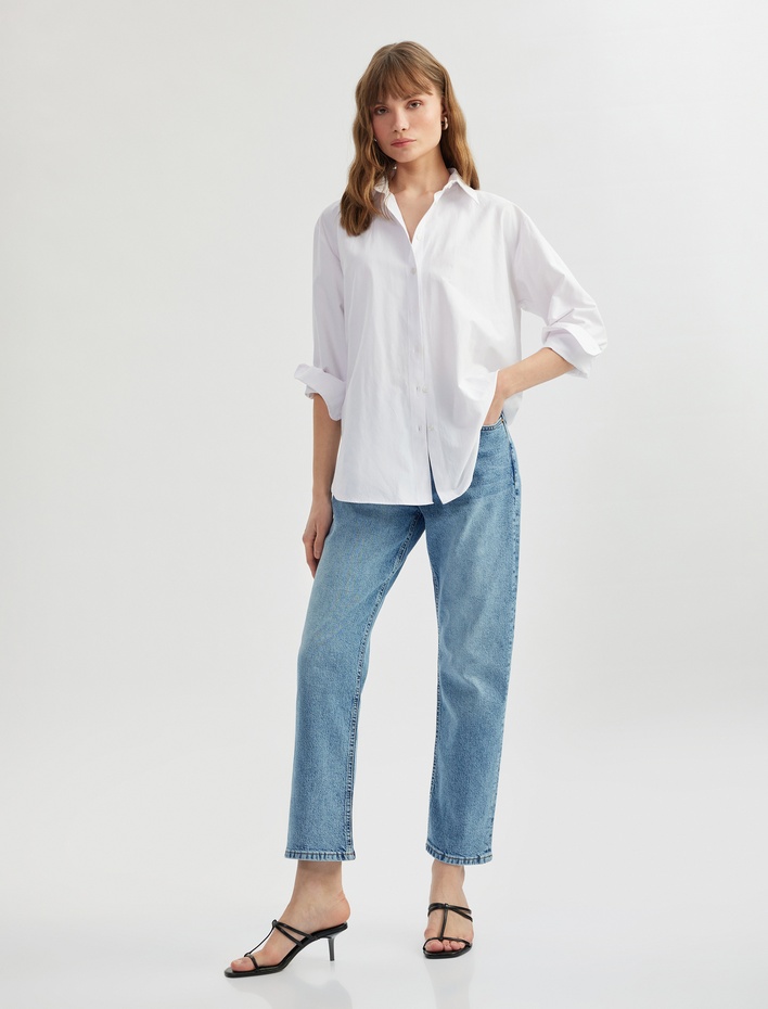  Pamuklu Slim Fit Düğmeli Düz Paça Denim Pantolon - Slim Fit Jeans