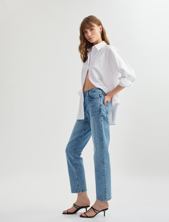  Pamuklu Slim Fit Düğmeli Düz Paça Denim Pantolon - Slim Fit Jeans