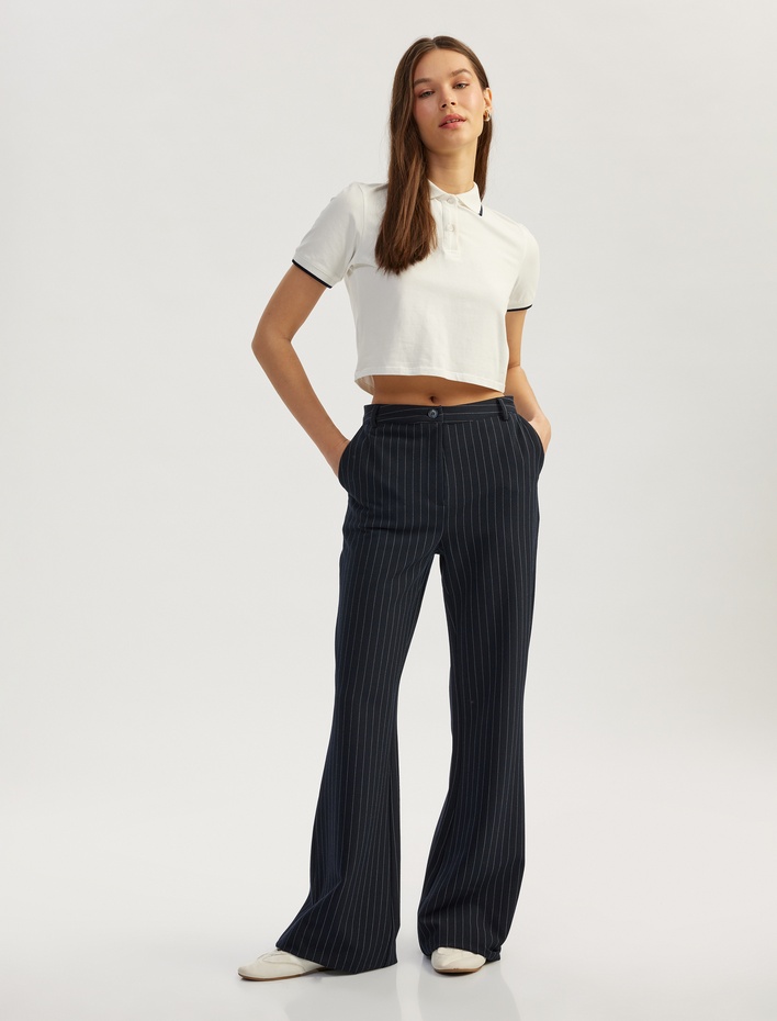  Normal Bel Düğmeli İspanyol Paça Çizgili Pantolon
