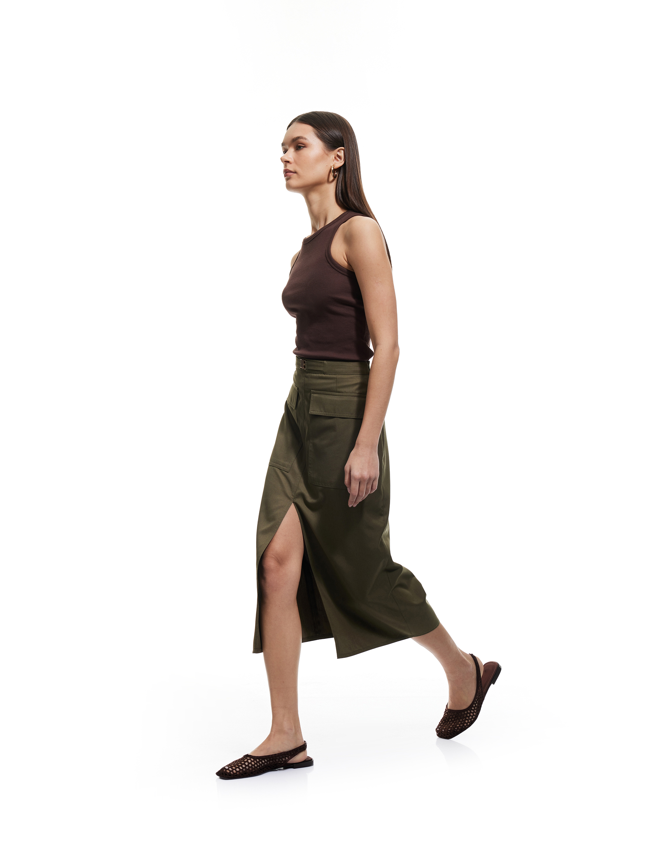   Gabardin Kumaş Slim Fit Kapaklı Cep Detaylı Yırtmaçlı Midi Kalem Etek