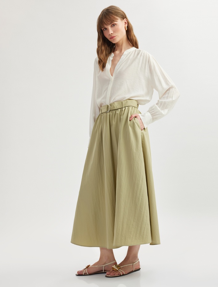  Bol Kalıp Paraşüt Kumaş Kemerli Cepli Uzun Kloş Etek