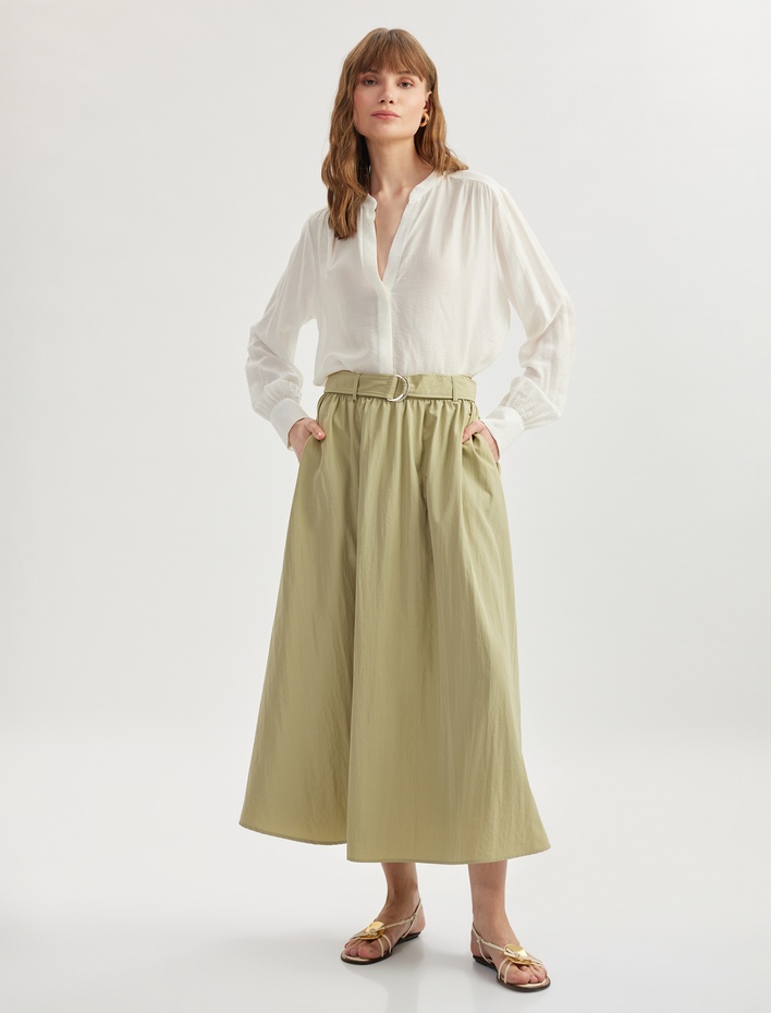  Bol Kalıp Paraşüt Kumaş Kemerli Cepli Uzun Kloş Etek