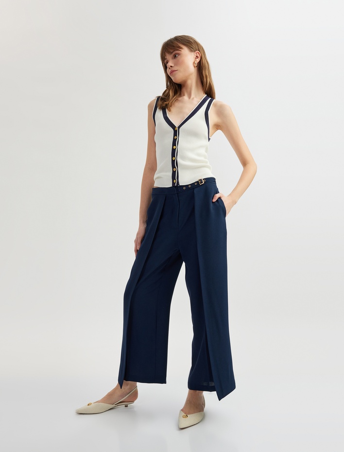  Krep Kumaş Bol Kalıp Kemerli Cepli Geniş Paça Pantolon