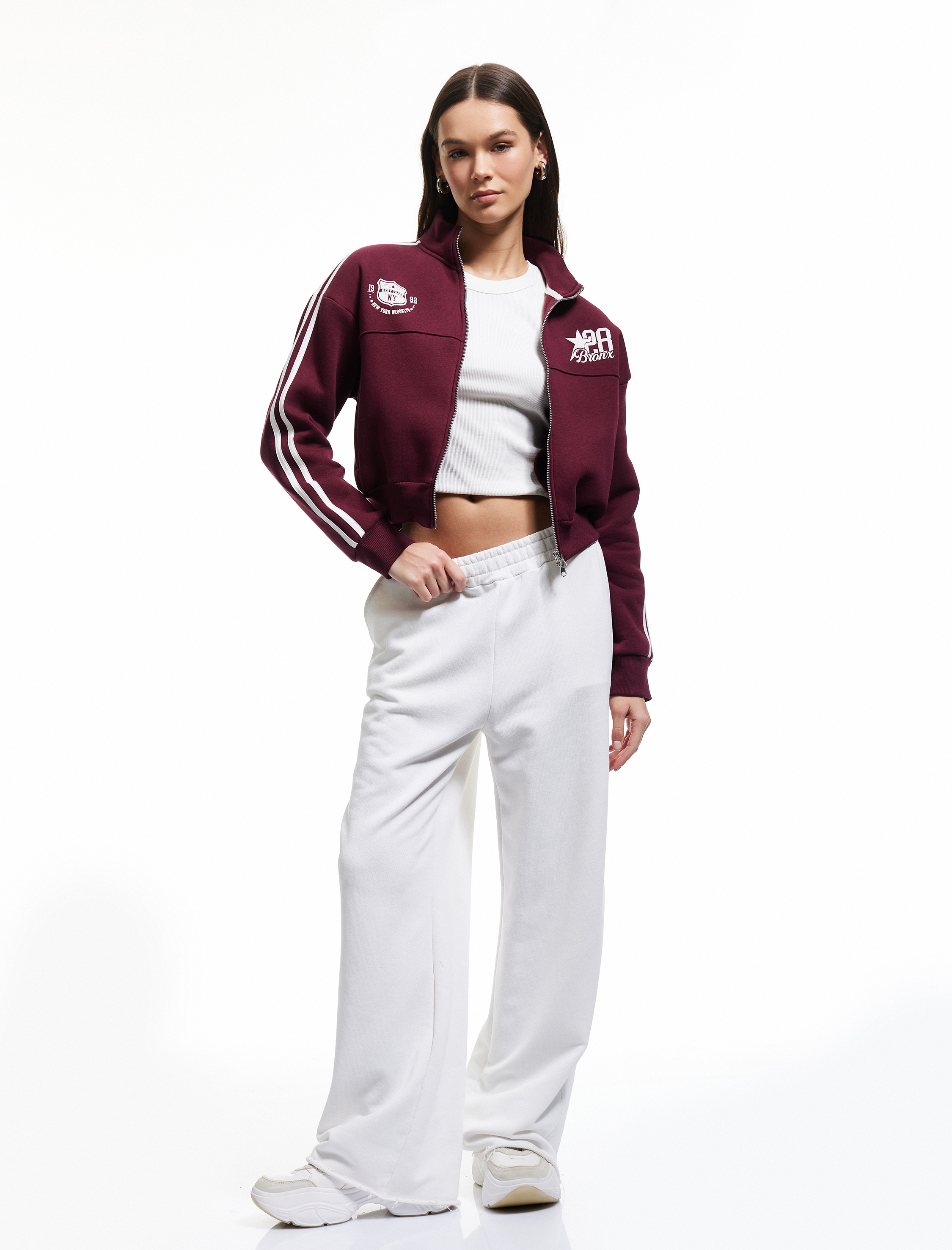   Şardonlu Fermuarlı Cepli Biyeli Kolej Baskılı Sweatshirt