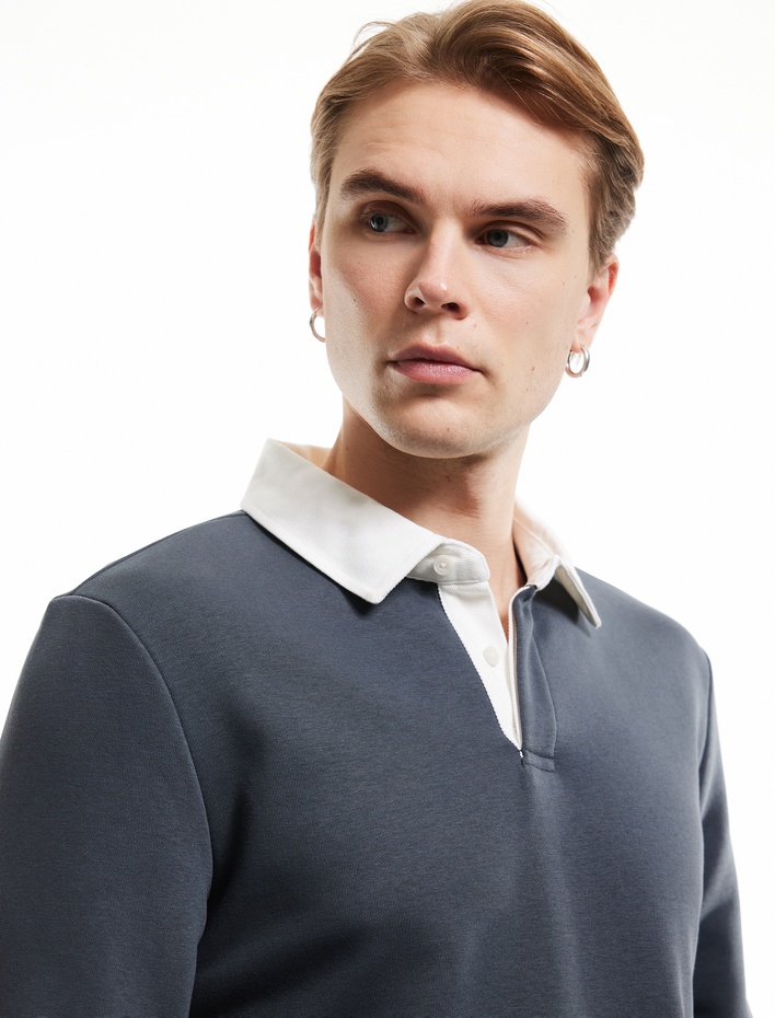  Uzun Kollu Pamuk Karışımlı Renk Kontrastlı Basic Polo Yaka Sweatshirt