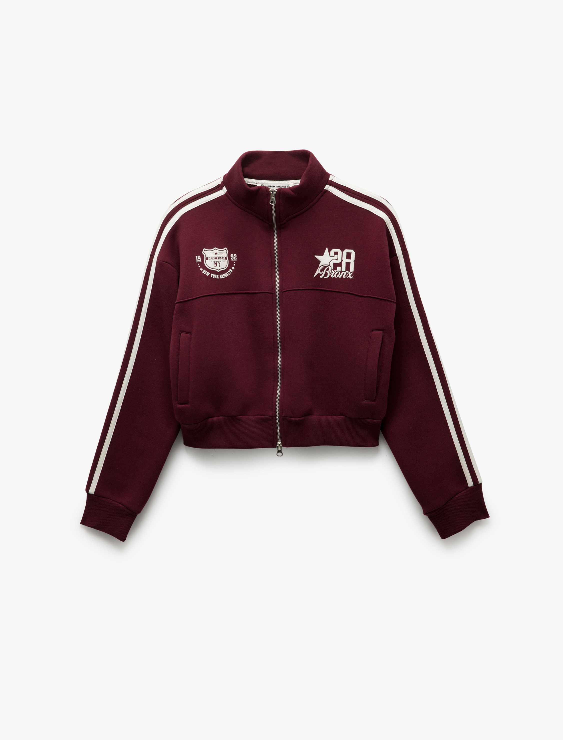   Şardonlu Fermuarlı Cepli Biyeli Kolej Baskılı Sweatshirt