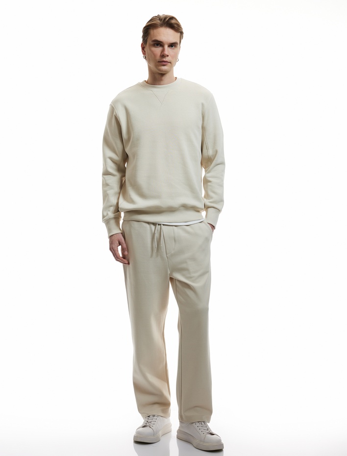  Bisiklet Yaka Dikiş Detaylı Şardonlu Pamuk Karışımlı Basic Sweatshirt