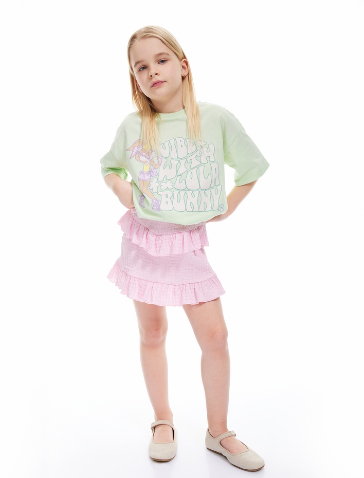 Kız Çocuk Fırfır Detaylı Dokulu A Kesim Mini Etek