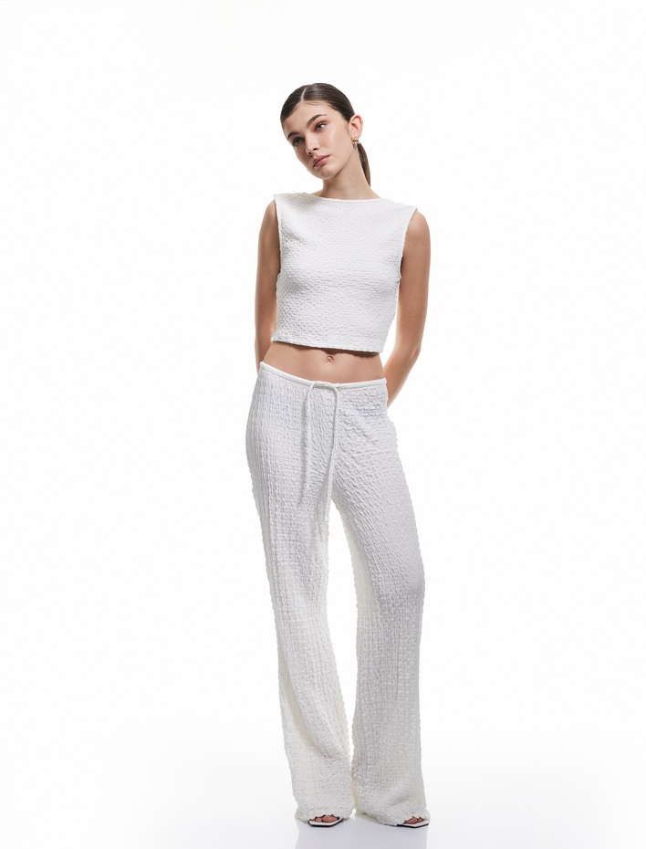  Beli Bağlamalı Dokulu Bol Düz Paça Pantolon