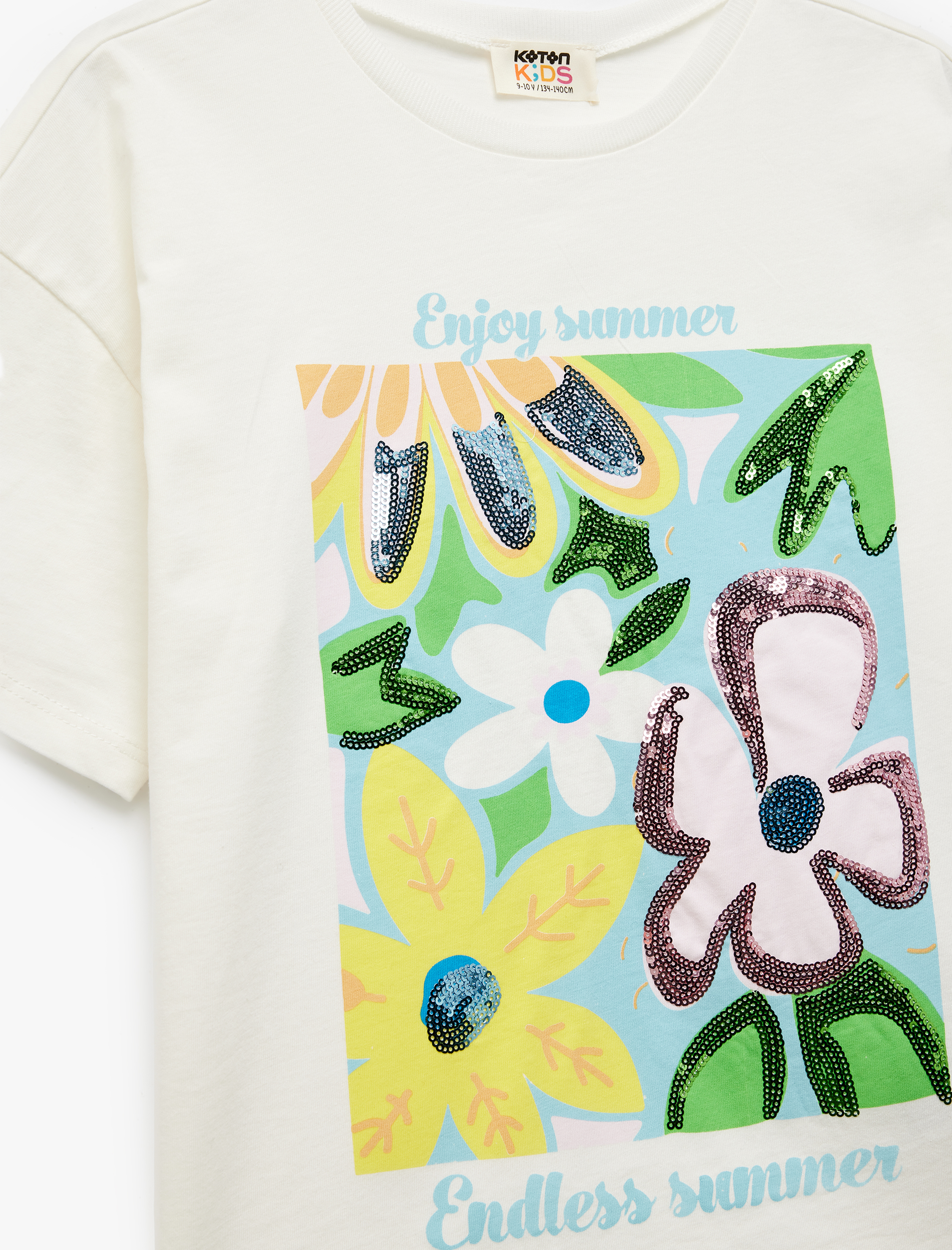  Kız Çocuk Pullu Payetli Çiçek Baskılı Pamuklu Bisiklet Yaka Kısa Kollu Tişört