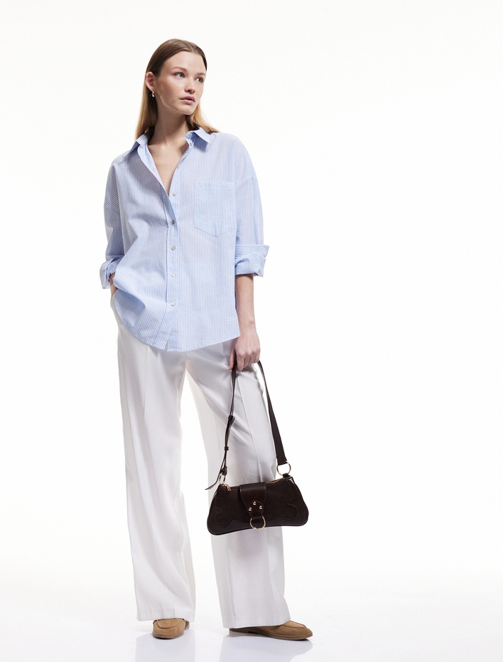  Pamuklu Uzun Kollu Cep Detaylı Çizgili Oversize Gömlek