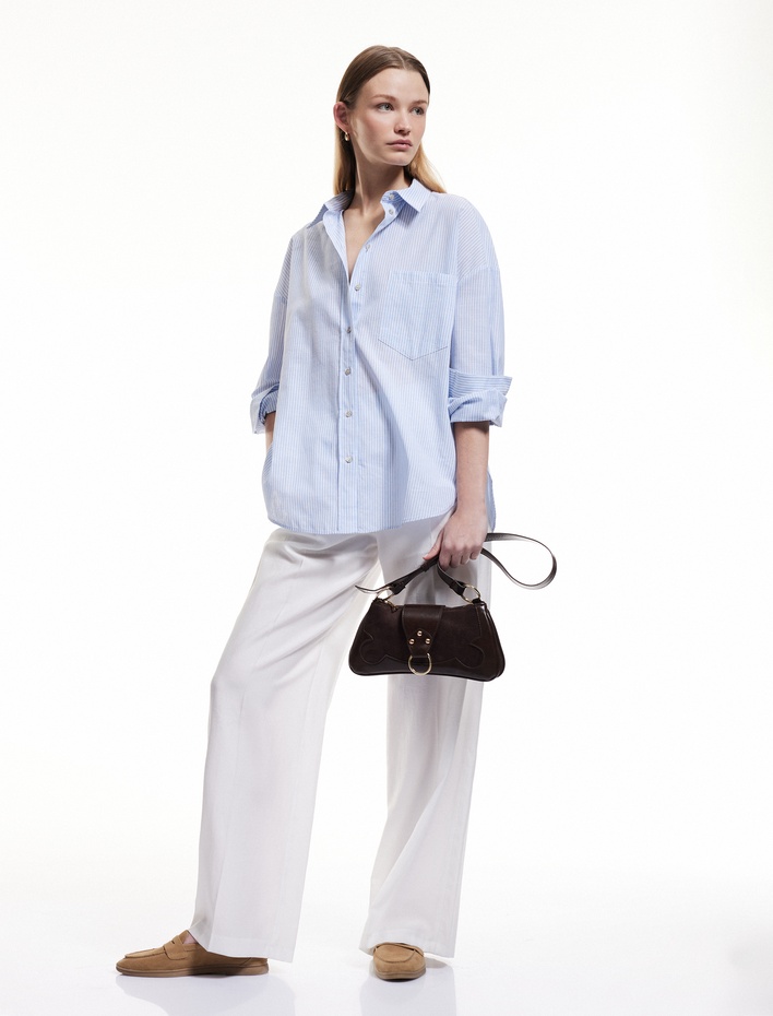  Pamuklu Uzun Kollu Cep Detaylı Çizgili Oversize Gömlek