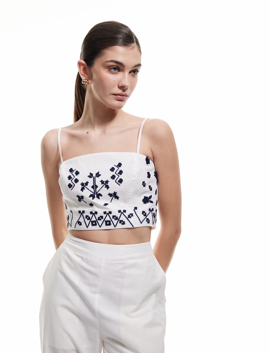 Koton Kadın Slim Fit Pamuklu Etnik Desenli İnce Askılı Crop Büstiyer