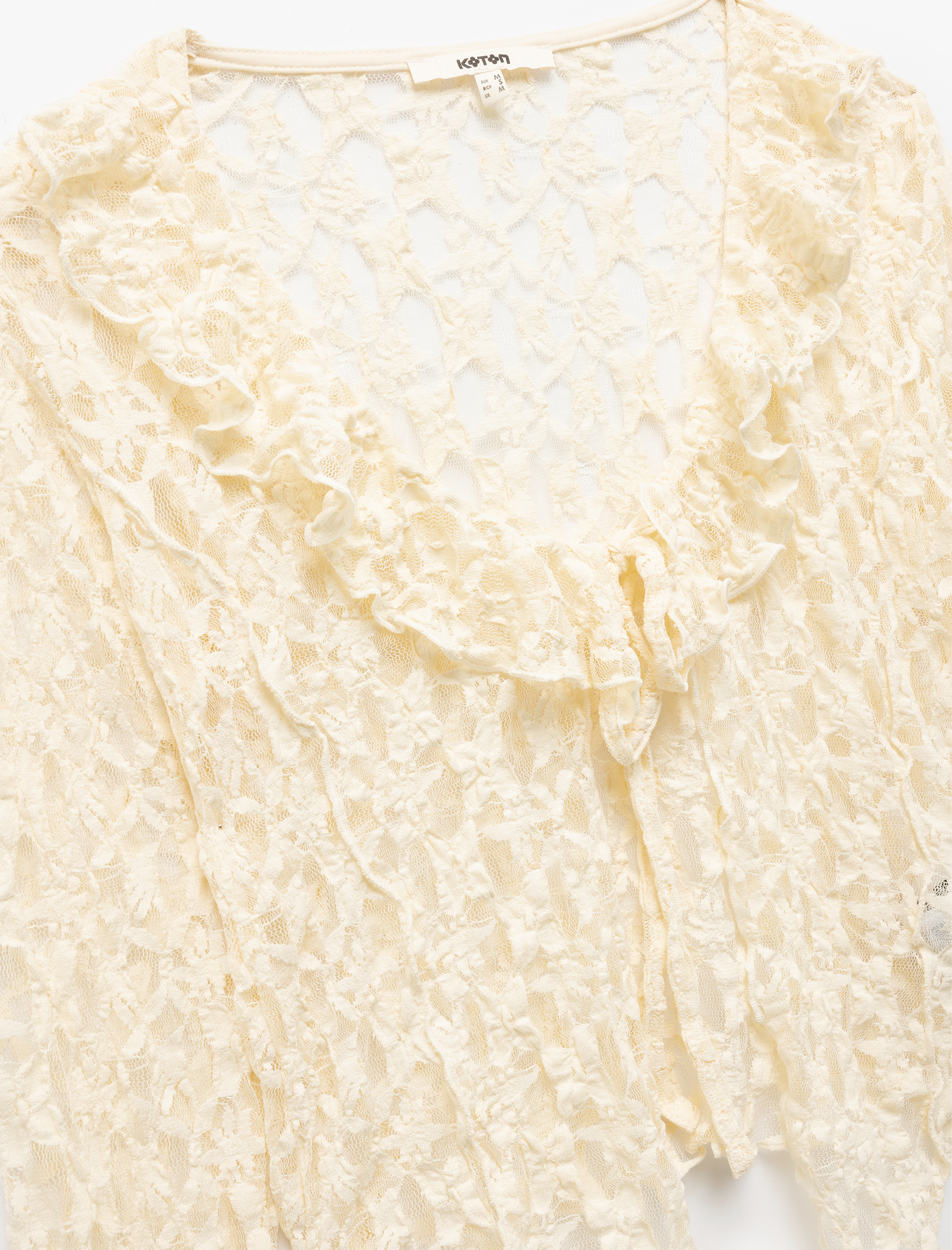   Önden Bağlama Detaylı Transparan Uzun Kollu V Yaka Fırfırlı Dantel Bluz