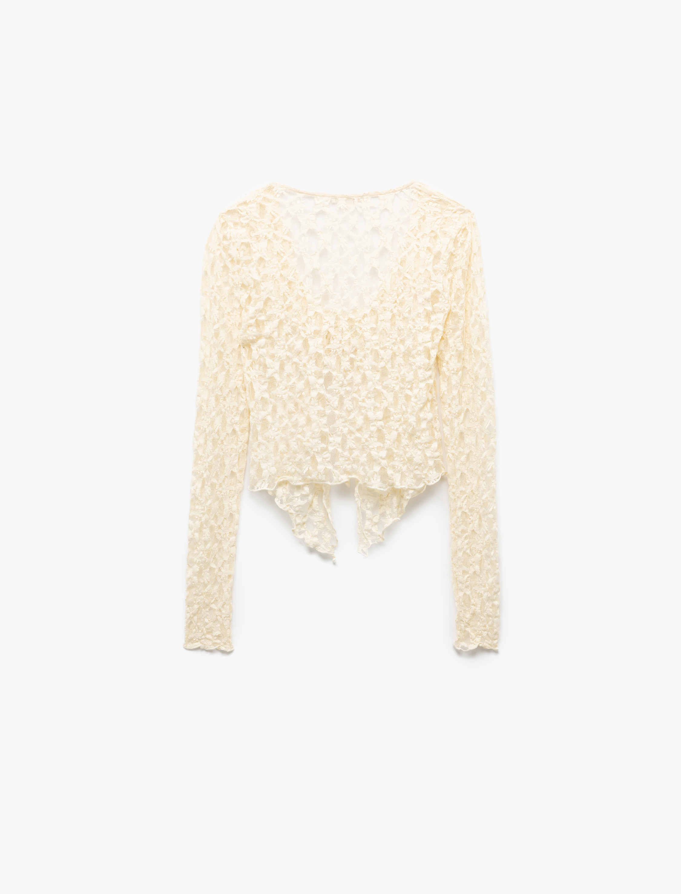   Önden Bağlama Detaylı Transparan Uzun Kollu V Yaka Fırfırlı Dantel Bluz