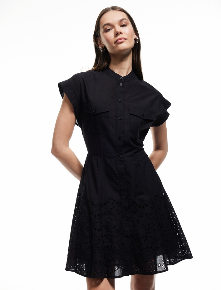  Mini Düğmeli Fisto Detaylı Hakim Yaka Kolsuz Gömlek Elbise