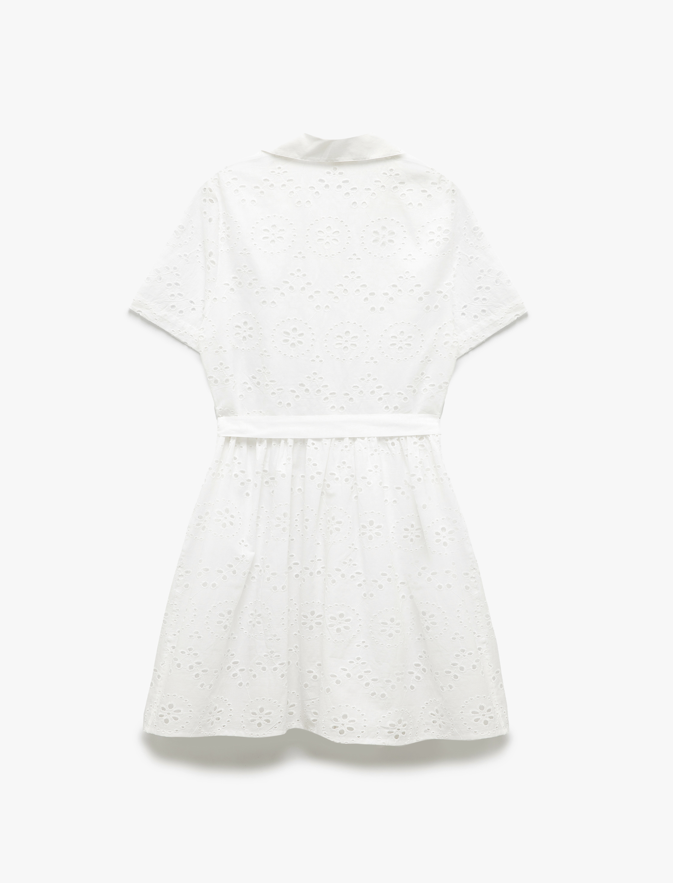   Pamuklu Düğmeli Kemerli Kısa Kollu Fisto Brodeli Mini Gömlek Elbise