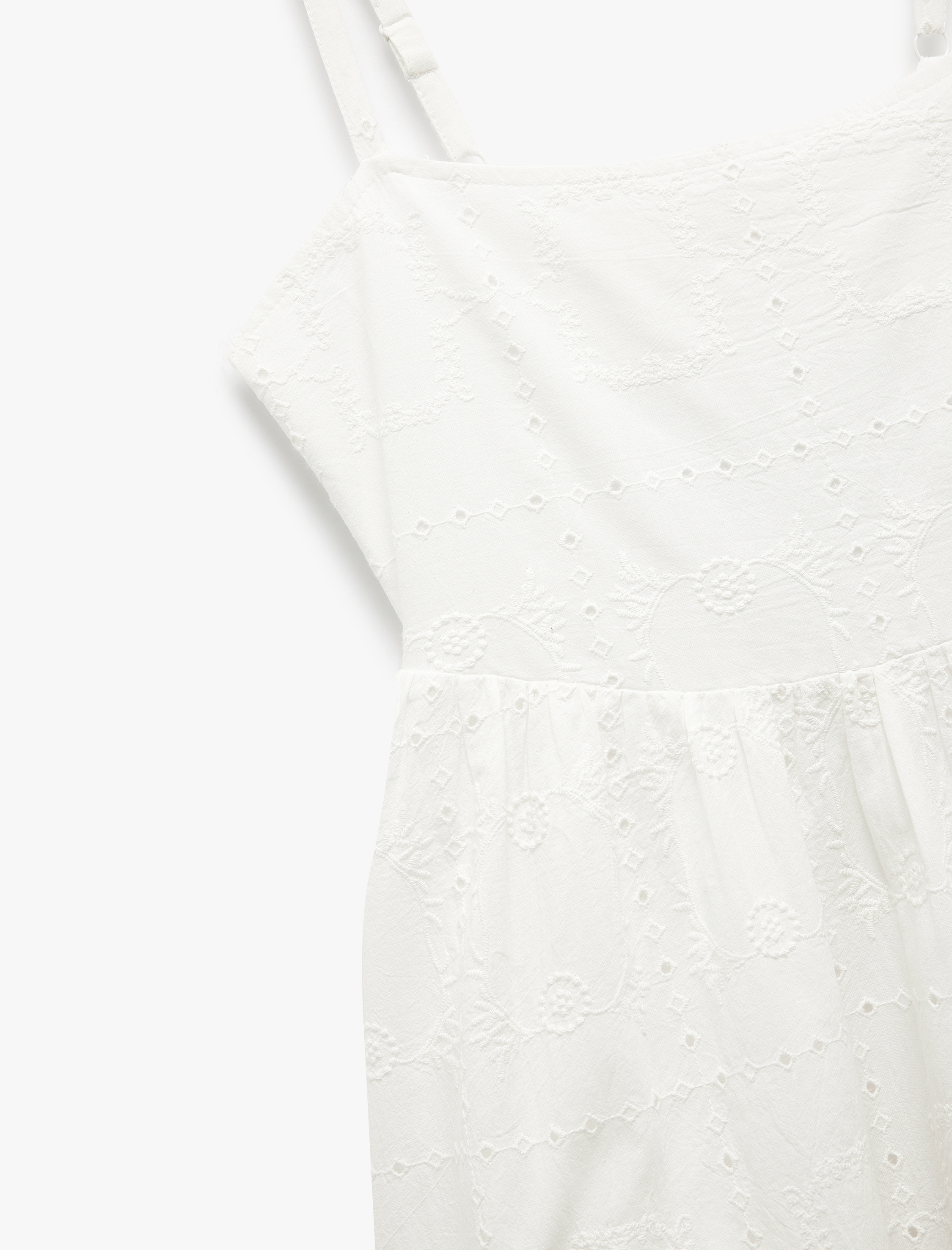   Pamuklu Arkası Pencere Detaylı Midi Askılı Brodeli Fistolu Kloş Elbise