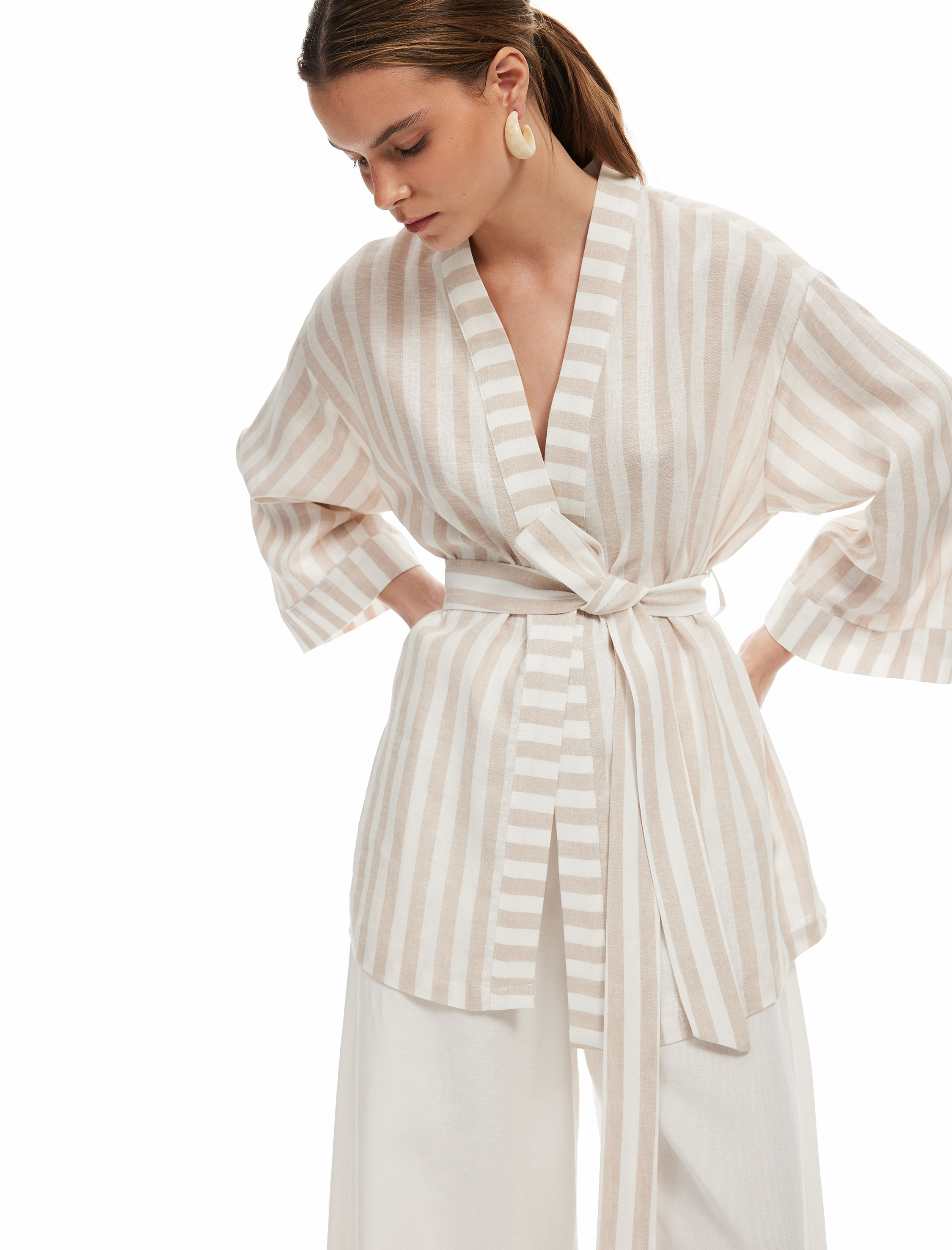   Beli Kuşak Detaylı Kruvaze Viskon Keten Kimono Ceket