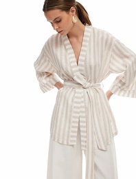 Beli Kuşak Detaylı Kruvaze Viskon Keten Kimono Ceket