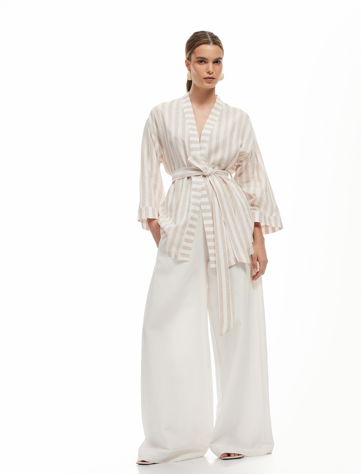  Beli Kuşak Detaylı Kruvaze Viskon Keten Kimono Ceket