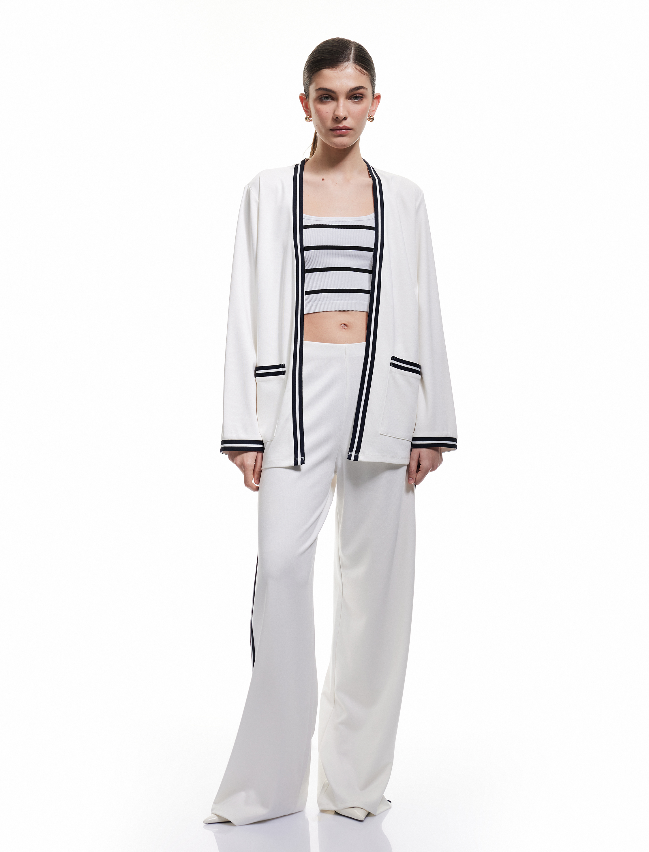   Viskon Karışımlı Uzun Kollu Çizgili Cep Detaylı Hırka