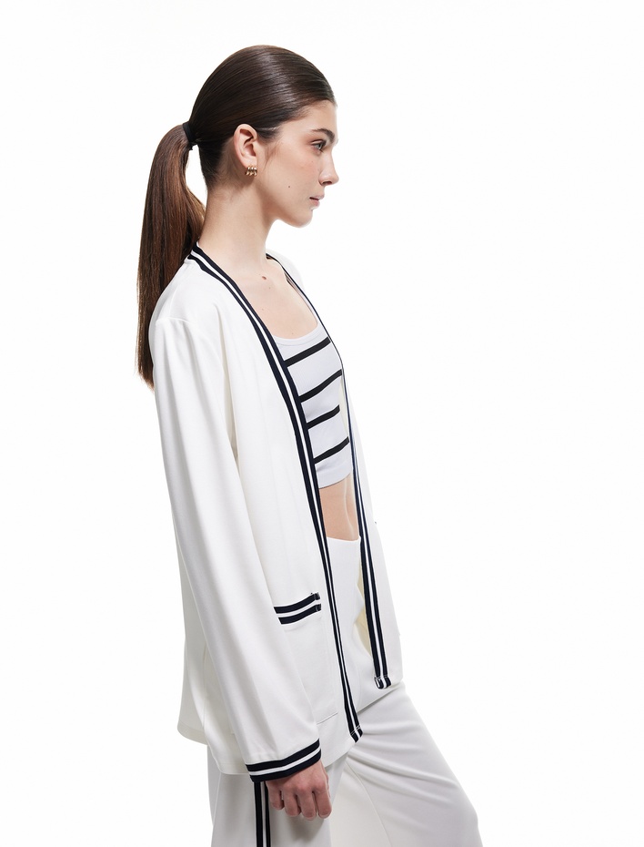  Viskon Karışımlı Uzun Kollu Çizgili Cep Detaylı Hırka