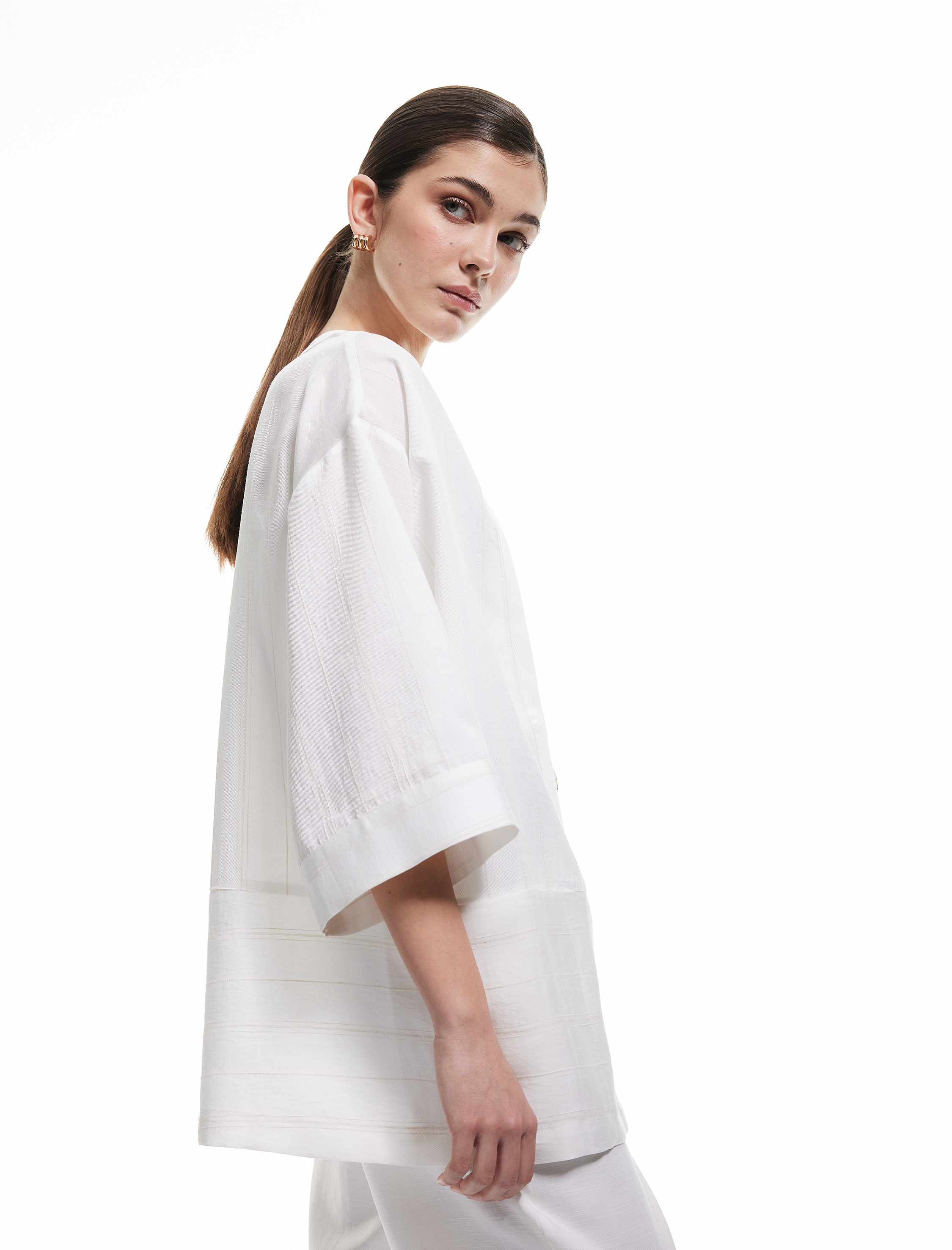   Cepli  Bol Kalıp Çizgili Keten Karışımlı Kimono