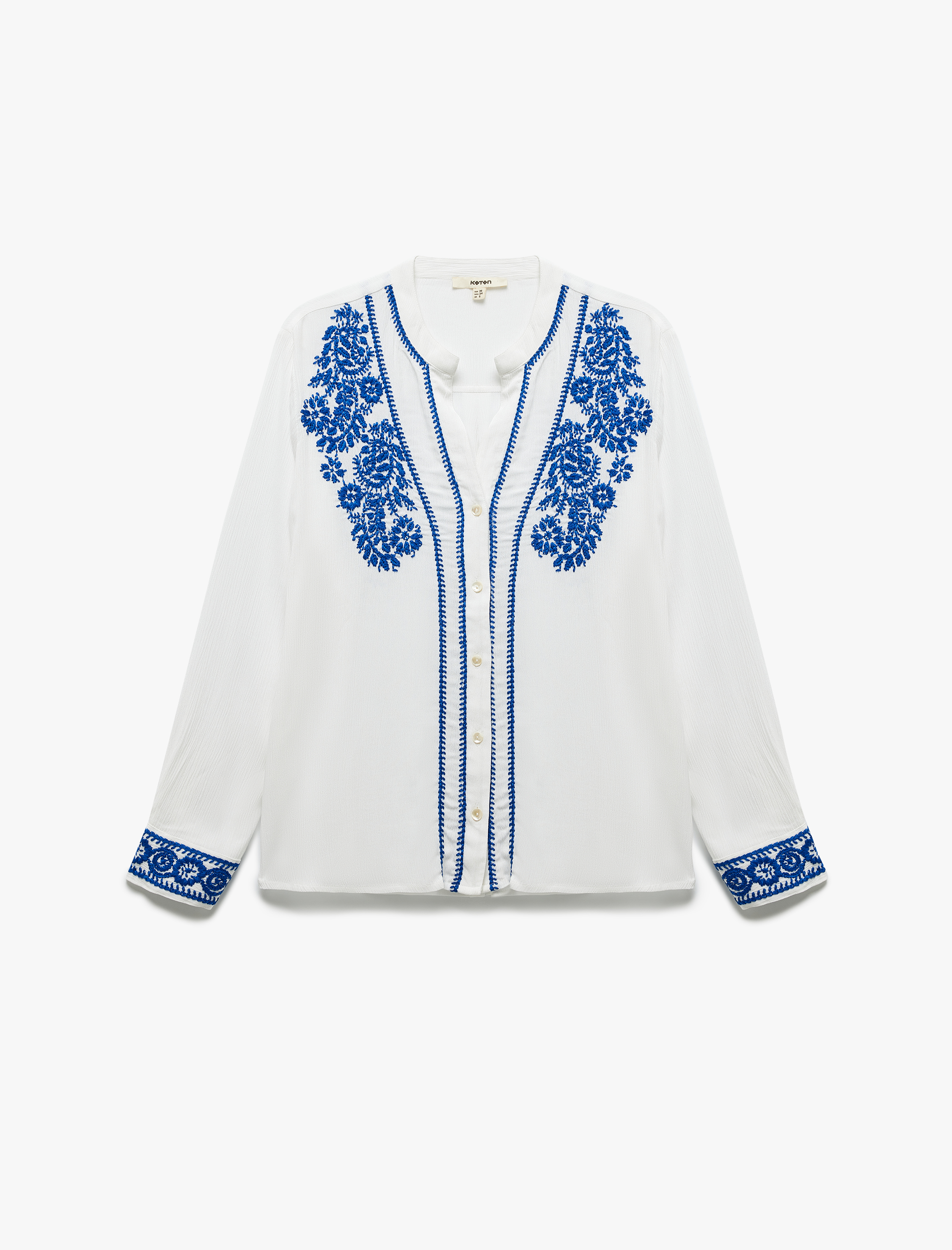   Uzun Kollu Hakim Yaka Viskon Nakış Detaylı Çiçekli Gömlek