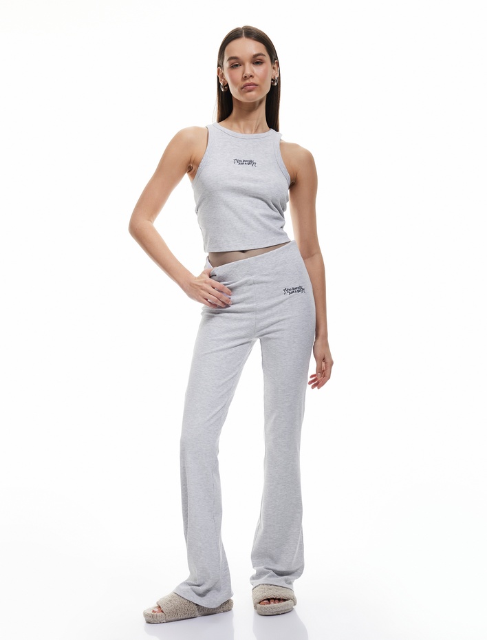  Rahat Kalıp Yumuşak Dokulu İşleme Detaylı Fitilli Pijama Altı