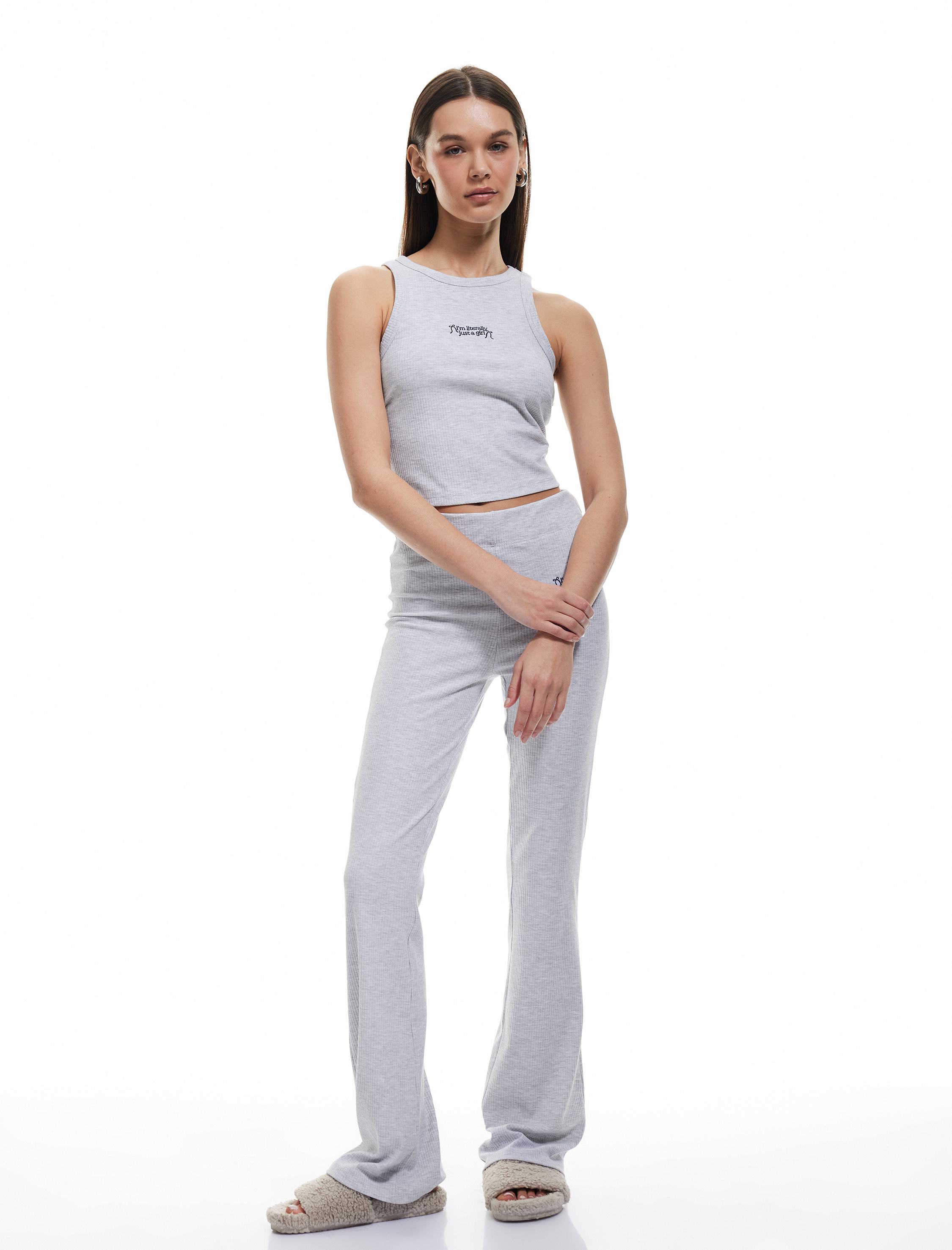   Slim Fit İşleme Detaylı Halter Yaka Fitilli Atlet Pijama Üstü