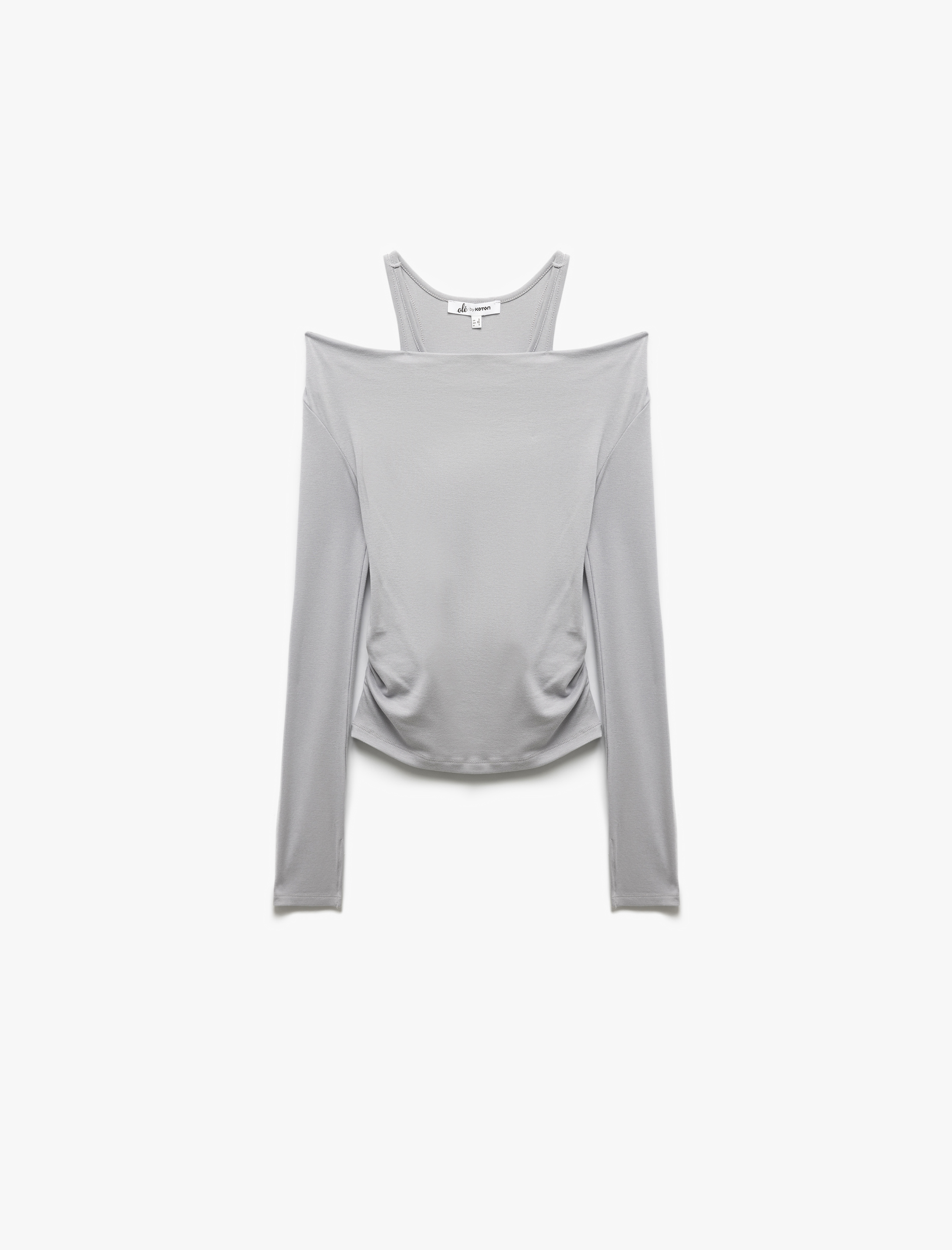   Degaje Yaka Uzun Kollu Askı Detaylı Drapeli Tişört