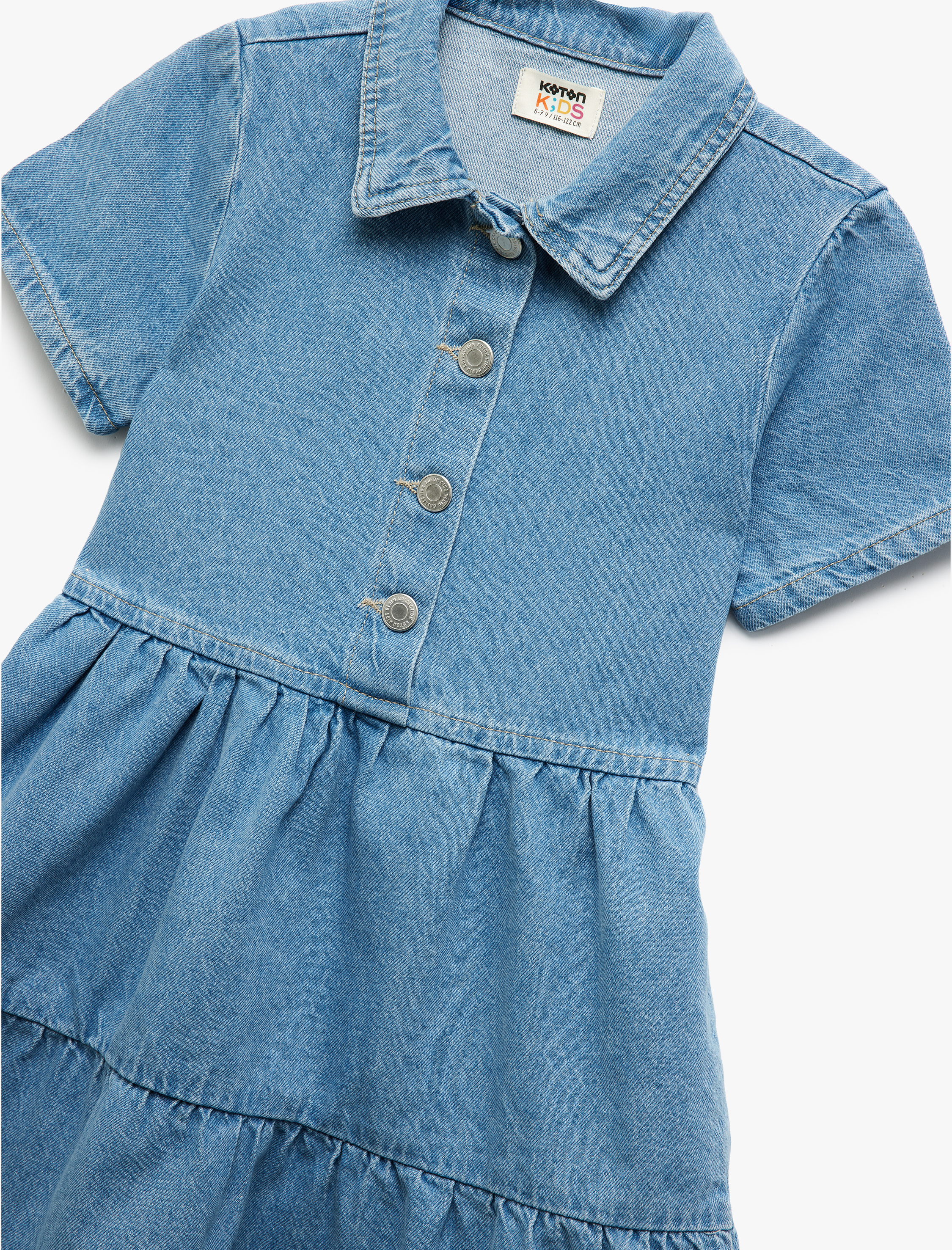  Kız Çocuk Pamuklu Kısa Kollu Gömlek Yaka Denim Elbise