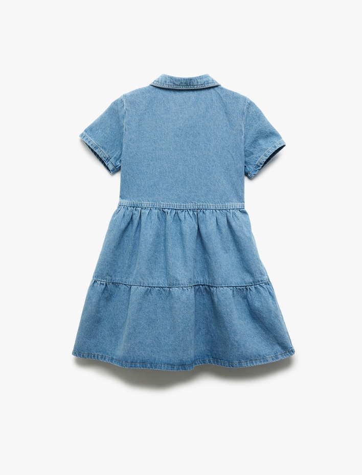 Kız Çocuk Pamuklu Kısa Kollu Gömlek Yaka Denim Elbise