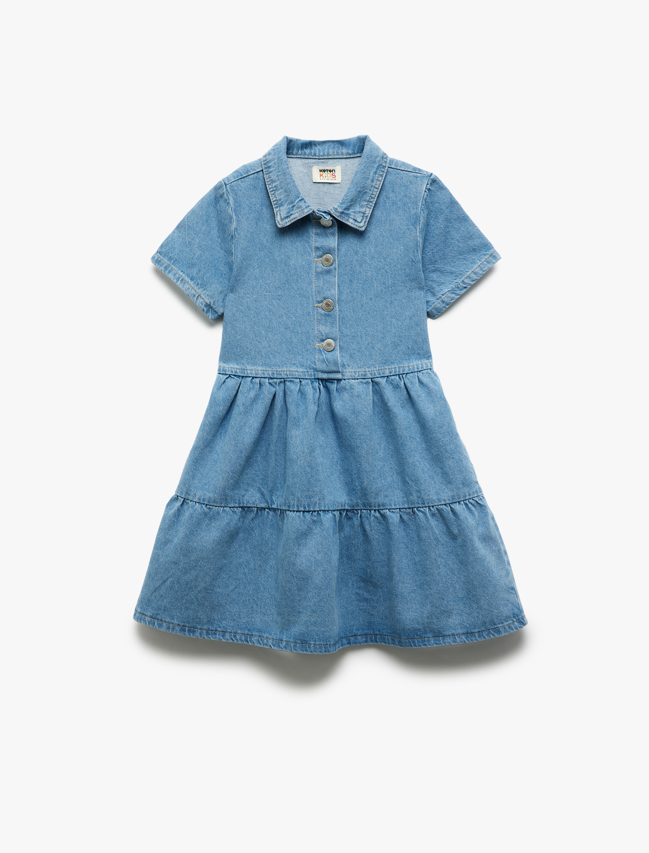  Kız Çocuk Pamuklu Kısa Kollu Gömlek Yaka Denim Elbise
