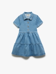 Pamuklu Kısa Kollu Gömlek Yaka Denim Elbise