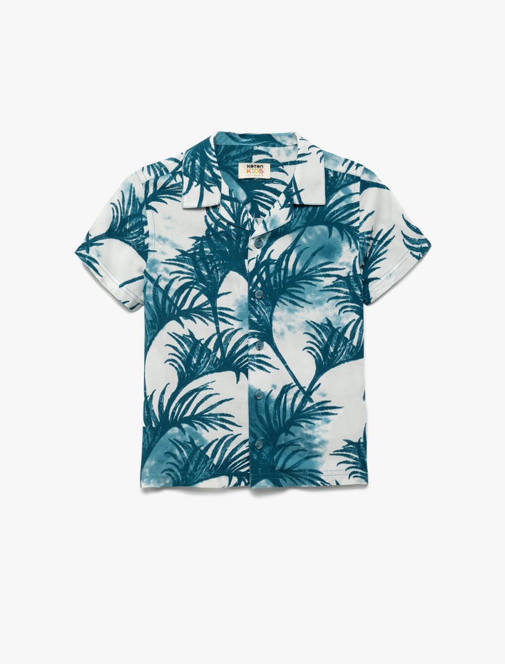 Erkek Çocuk Kısa Kollu Düğmeli Yaprak Desenli Viskon Gömlek