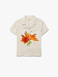 Kısa Kollu Düğmeli Çiçek Desenli Viskon Gömlek