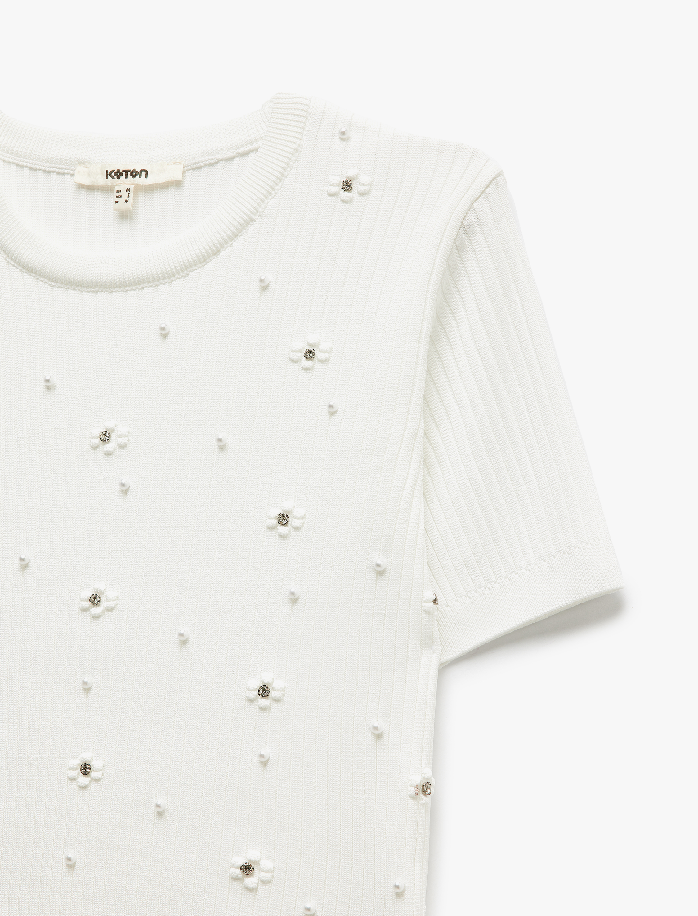   Bisiklet Yaka Kısa Kollu Çiçekli Taşlı Triko Kazak