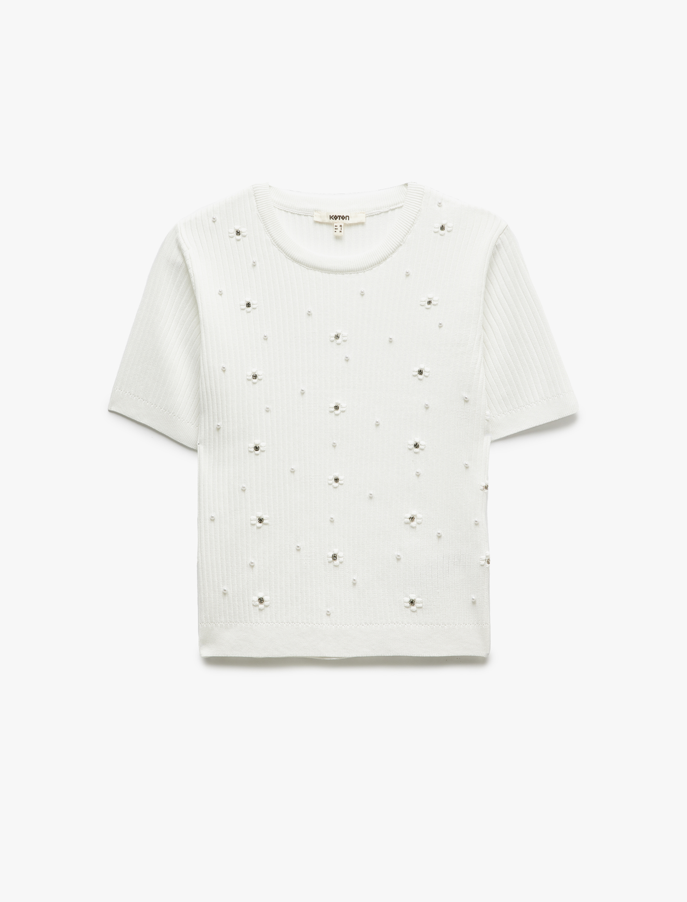   Bisiklet Yaka Kısa Kollu Çiçekli Taşlı Triko Kazak