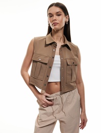 Kapaklı Cep Detaylı Kruvaze Kolsuz Ceket