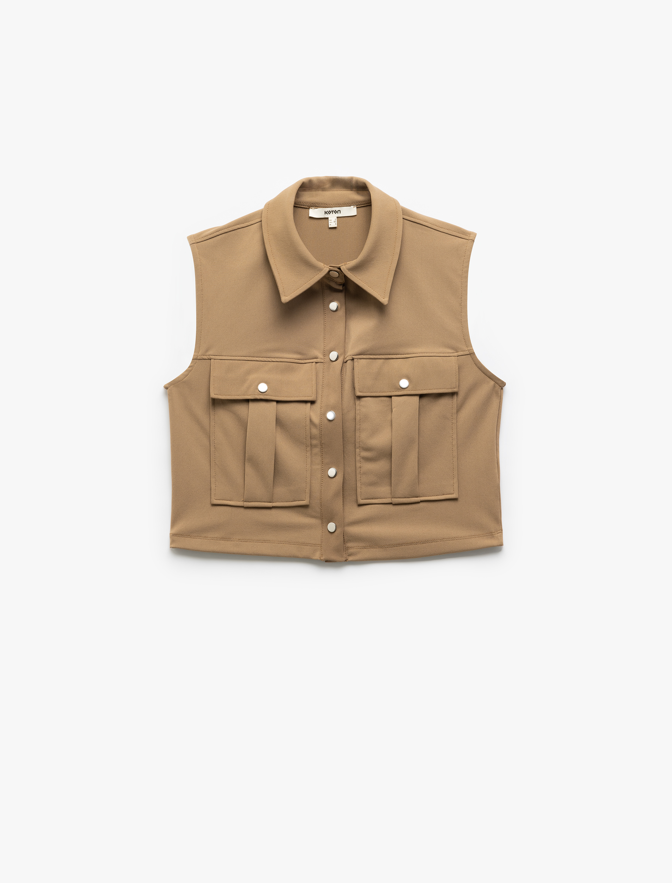   Kapaklı Cep Detaylı Kruvaze Kolsuz Ceket