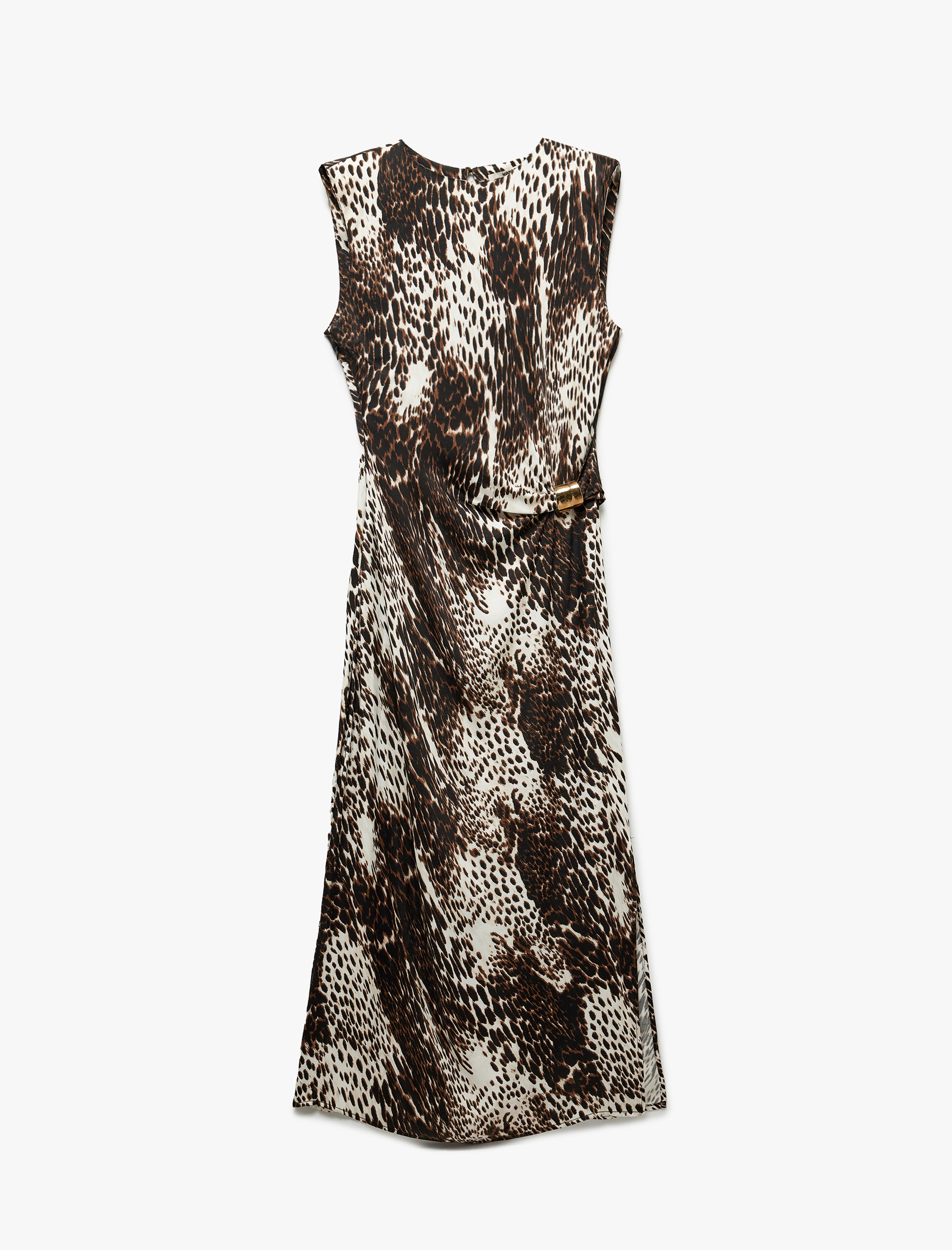   Aksesuar Detaylı Kolsuz U Yaka Yırtmaçlı Uzun Saten Leopar Desenli Elbise