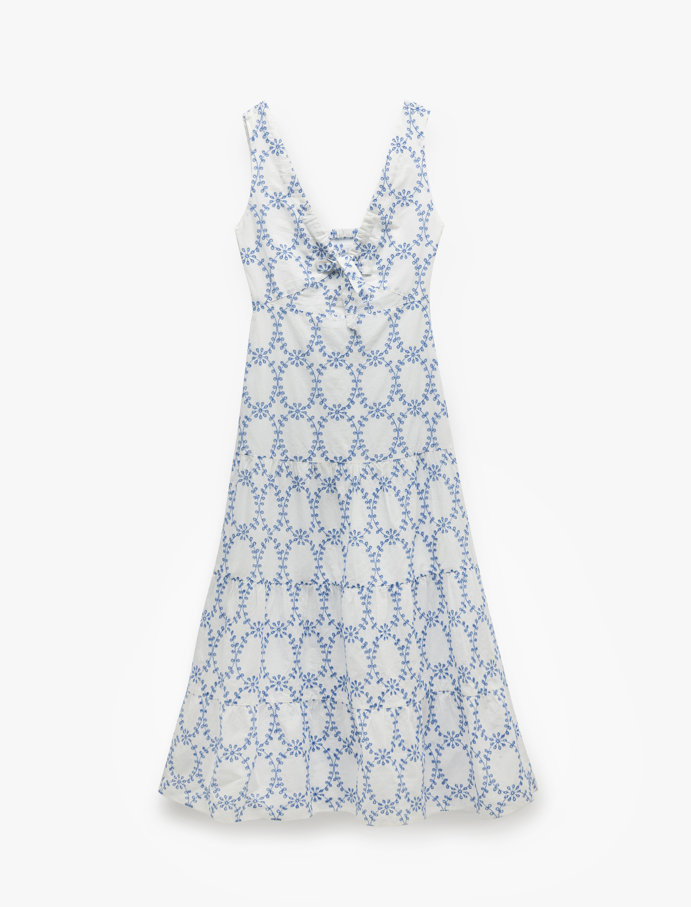   Pamuklu Arkası Pencere Detaylı V Yaka Uzun Çiçekli Fistolu Brodeli Elbise