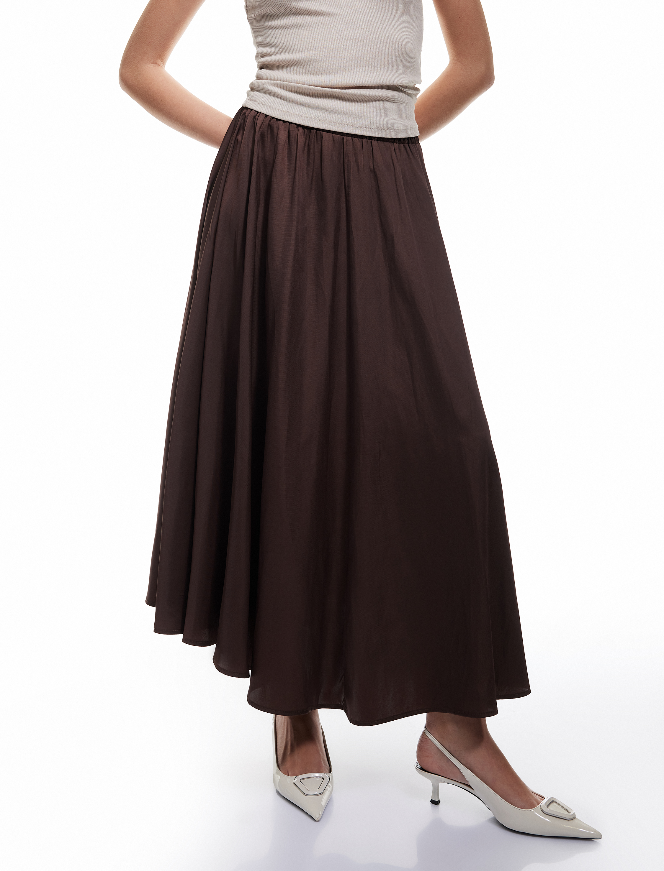   Beli Lastik Detaylı Kloş Pileli Saten Çan Etek