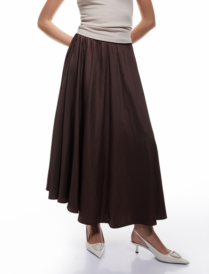  Beli Lastik Detaylı Kloş Pileli Saten Çan Etek