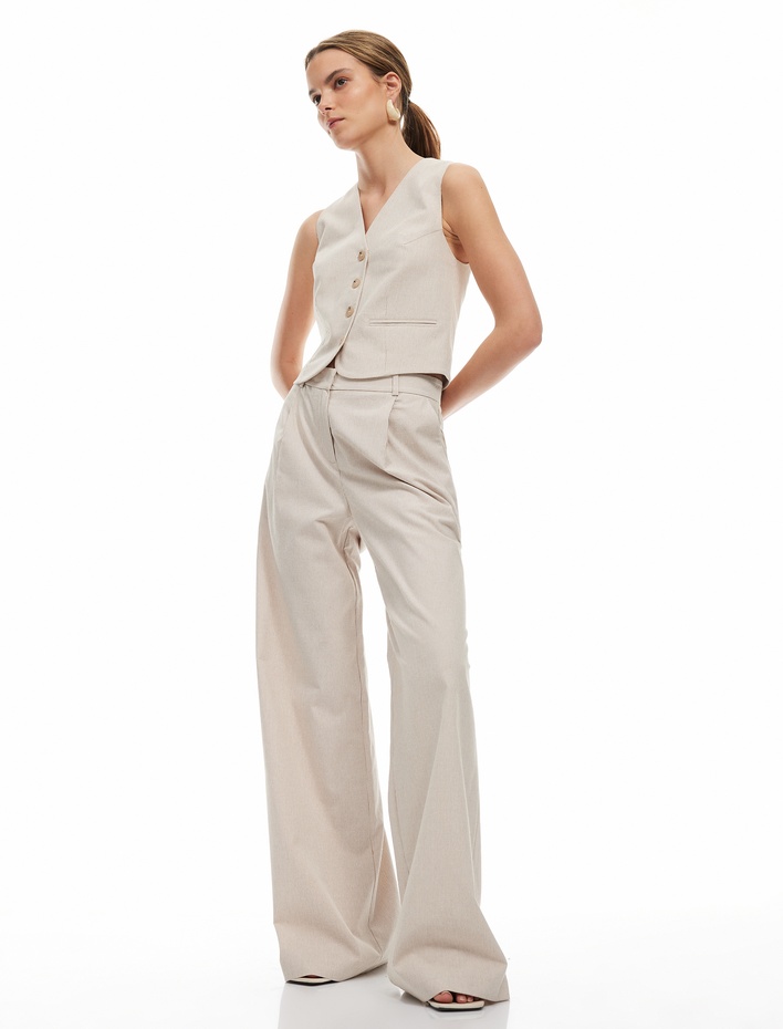  Cepli Pile Detaylı Geniş Düz Paça Pantolon